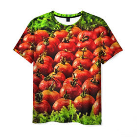 Мужская футболка 3D с принтом Томатик в Тюмени, 100% полиэфир | прямой крой, круглый вырез горловины, длина до линии бедер | 3d | еда | зелень | красный | лето | много | овощи | пища | помидор | прикольные | томат | яркие