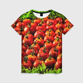 Женская футболка 3D с принтом Томатик в Тюмени, 100% полиэфир ( синтетическое хлопкоподобное полотно) | прямой крой, круглый вырез горловины, длина до линии бедер | 3d | еда | зелень | красный | лето | много | овощи | пища | помидор | прикольные | томат | яркие