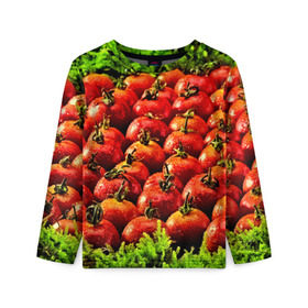 Детский лонгслив 3D с принтом Томатик в Тюмени, 100% полиэстер | длинные рукава, круглый вырез горловины, полуприлегающий силуэт
 | 3d | еда | зелень | красный | лето | много | овощи | пища | помидор | прикольные | томат | яркие
