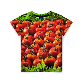 Детская футболка 3D с принтом Томатик в Тюмени, 100% гипоаллергенный полиэфир | прямой крой, круглый вырез горловины, длина до линии бедер, чуть спущенное плечо, ткань немного тянется | 3d | еда | зелень | красный | лето | много | овощи | пища | помидор | прикольные | томат | яркие