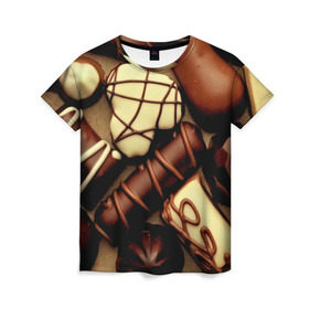 Женская футболка 3D с принтом Сладкие конфетки в Тюмени, 100% полиэфир ( синтетическое хлопкоподобное полотно) | прямой крой, круглый вырез горловины, длина до линии бедер | 3d | десерт | еда | конфеты | много | пища | разные | сладкое | темный | фигуры | фон | форма | шоколад | яркие