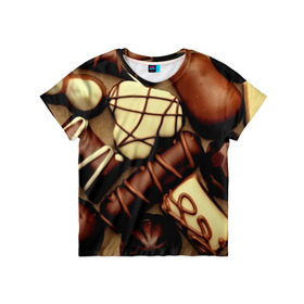 Детская футболка 3D с принтом Сладкие конфетки в Тюмени, 100% гипоаллергенный полиэфир | прямой крой, круглый вырез горловины, длина до линии бедер, чуть спущенное плечо, ткань немного тянется | 3d | десерт | еда | конфеты | много | пища | разные | сладкое | темный | фигуры | фон | форма | шоколад | яркие