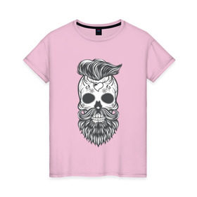Женская футболка хлопок с принтом Бородатый череп в Тюмени, 100% хлопок | прямой крой, круглый вырез горловины, длина до линии бедер, слегка спущенное плечо | арт | борода | мертвец | прикольные | скелет | усы | череп