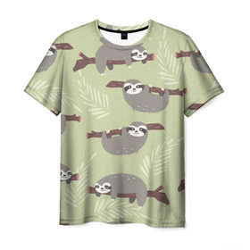 Мужская футболка 3D с принтом Ленивец в Тюмени, 100% полиэфир | прямой крой, круглый вырез горловины, длина до линии бедер | Тематика изображения на принте: арт | животные | ленивец | лень | прикольные | сон