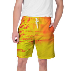 Мужские шорты 3D с принтом Компьютерный код в Тюмени,  полиэстер 100% | прямой крой, два кармана без застежек по бокам. Мягкая трикотажная резинка на поясе, внутри которой широкие завязки. Длина чуть выше колен | желтый | кибер | код | оранжевый | прога