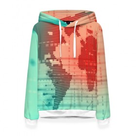 Женская толстовка 3D с принтом Цифровой мир в Тюмени, 100% полиэстер  | двухслойный капюшон со шнурком для регулировки, мягкие манжеты на рукавах и по низу толстовки, спереди карман-кенгуру с мягким внутренним слоем. | зеленый | карта | кибер | красный