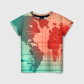 Детская футболка 3D с принтом Цифровой мир в Тюмени, 100% гипоаллергенный полиэфир | прямой крой, круглый вырез горловины, длина до линии бедер, чуть спущенное плечо, ткань немного тянется | зеленый | карта | кибер | красный