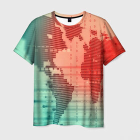 Мужская футболка 3D с принтом Цифровой мир в Тюмени, 100% полиэфир | прямой крой, круглый вырез горловины, длина до линии бедер | зеленый | карта | кибер | красный