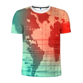 Мужская футболка 3D спортивная с принтом Цифровой мир в Тюмени, 100% полиэстер с улучшенными характеристиками | приталенный силуэт, круглая горловина, широкие плечи, сужается к линии бедра | зеленый | карта | кибер | красный