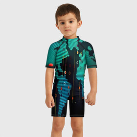 Детский купальный костюм 3D с принтом digital world в Тюмени, Полиэстер 85%, Спандекс 15% | застежка на молнии на спине | бирюзовый | карта | кибер | черный