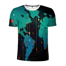 Мужская футболка 3D спортивная с принтом digital world в Тюмени, 100% полиэстер с улучшенными характеристиками | приталенный силуэт, круглая горловина, широкие плечи, сужается к линии бедра | Тематика изображения на принте: бирюзовый | карта | кибер | черный