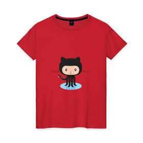 Женская футболка хлопок с принтом github cat в Тюмени, 100% хлопок | прямой крой, круглый вырез горловины, длина до линии бедер, слегка спущенное плечо | cat | github