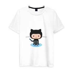 Мужская футболка хлопок с принтом github cat в Тюмени, 100% хлопок | прямой крой, круглый вырез горловины, длина до линии бедер, слегка спущенное плечо. | cat | github