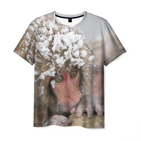 Мужская футболка 3D с принтом Обезьянка и зима в Тюмени, 100% полиэфир | прямой крой, круглый вырез горловины, длина до линии бедер | бабуин | гамадрил | гиббон | горилла | гуманоид | дарвин | животное | зоопарк | кинг конг | мартышка | маугли | обезьяна | орангутанг | предок | примат | рожа | хомо сапиенс | шимпанзе