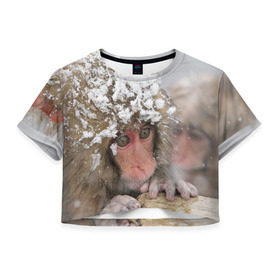 Женская футболка 3D укороченная с принтом Обезьянка и зима в Тюмени, 100% полиэстер | круглая горловина, длина футболки до линии талии, рукава с отворотами | бабуин | гамадрил | гиббон | горилла | гуманоид | дарвин | животное | зоопарк | кинг конг | мартышка | маугли | обезьяна | орангутанг | предок | примат | рожа | хомо сапиенс | шимпанзе