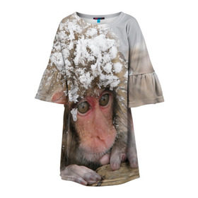 Детское платье 3D с принтом Обезьянка и зима в Тюмени, 100% полиэстер | прямой силуэт, чуть расширенный к низу. Круглая горловина, на рукавах — воланы | бабуин | гамадрил | гиббон | горилла | гуманоид | дарвин | животное | зоопарк | кинг конг | мартышка | маугли | обезьяна | орангутанг | предок | примат | рожа | хомо сапиенс | шимпанзе