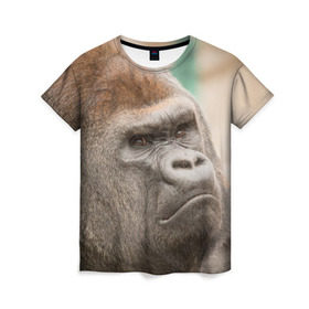 Женская футболка 3D с принтом Обезьяна в Тюмени, 100% полиэфир ( синтетическое хлопкоподобное полотно) | прямой крой, круглый вырез горловины, длина до линии бедер | горилла | животное | обезьяна | примат