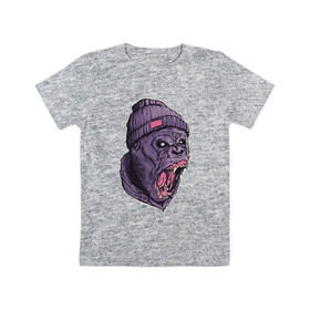 Детская футболка хлопок с принтом Злая горилла в Тюмени, 100% хлопок | круглый вырез горловины, полуприлегающий силуэт, длина до линии бедер | Тематика изображения на принте: арт | взгляд | гипноз | гнев | горилла | животные | зубы | кинг конг | клыки | обезьяна | пасть | шапка