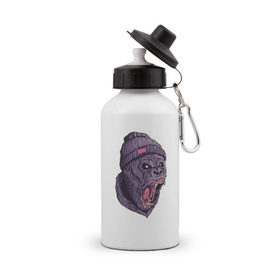 Бутылка спортивная с принтом Злая горилла в Тюмени, металл | емкость — 500 мл, в комплекте две пластиковые крышки и карабин для крепления | Тематика изображения на принте: арт | взгляд | гипноз | гнев | горилла | животные | зубы | кинг конг | клыки | обезьяна | пасть | шапка