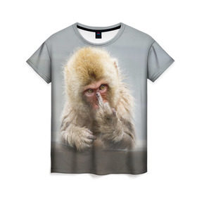 Женская футболка 3D с принтом Японская макака в Тюмени, 100% полиэфир ( синтетическое хлопкоподобное полотно) | прямой крой, круглый вырез горловины, длина до линии бедер | макак | мартышка | обезьяна | палец | япония