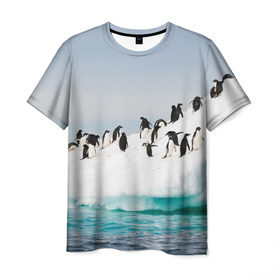 Мужская футболка 3D с принтом Пингвины на айсберге в Тюмени, 100% полиэфир | прямой крой, круглый вырез горловины, длина до линии бедер | айсберг | антарктида | антарктика | арктика | буревестник | глупый | императорский | клюв | королевский | крылья | ласты | лёд | линукс | океан | пилигрим | полюс | птица | север | снег | умка | фрак