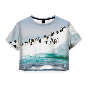 Женская футболка 3D укороченная с принтом Пингвины на айсберге в Тюмени, 100% полиэстер | круглая горловина, длина футболки до линии талии, рукава с отворотами | айсберг | антарктида | антарктика | арктика | буревестник | глупый | императорский | клюв | королевский | крылья | ласты | лёд | линукс | океан | пилигрим | полюс | птица | север | снег | умка | фрак