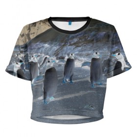 Женская футболка 3D укороченная с принтом Ночные пингвины в горах в Тюмени, 100% полиэстер | круглая горловина, длина футболки до линии талии, рукава с отворотами | 