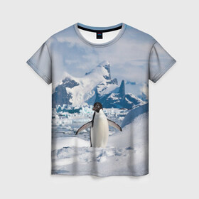 Женская футболка 3D с принтом Пингвин в горах в Тюмени, 100% полиэфир ( синтетическое хлопкоподобное полотно) | прямой крой, круглый вырез горловины, длина до линии бедер | айсберг | антарктида | антарктика | арктика | буревестник | глупый | императорский | клюв | королевский | крылья | ласты | лёд | линукс | океан | пилигрим | полюс | птица | север | снег | умка | фрак