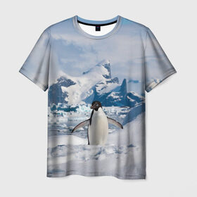 Мужская футболка 3D с принтом Пингвин в горах в Тюмени, 100% полиэфир | прямой крой, круглый вырез горловины, длина до линии бедер | айсберг | антарктида | антарктика | арктика | буревестник | глупый | императорский | клюв | королевский | крылья | ласты | лёд | линукс | океан | пилигрим | полюс | птица | север | снег | умка | фрак