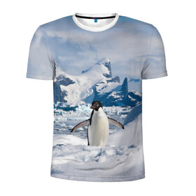Мужская футболка 3D спортивная с принтом Пингвин в горах в Тюмени, 100% полиэстер с улучшенными характеристиками | приталенный силуэт, круглая горловина, широкие плечи, сужается к линии бедра | айсберг | антарктида | антарктика | арктика | буревестник | глупый | императорский | клюв | королевский | крылья | ласты | лёд | линукс | океан | пилигрим | полюс | птица | север | снег | умка | фрак