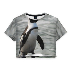 Женская футболка 3D укороченная с принтом Пингвин в Тюмени, 100% полиэстер | круглая горловина, длина футболки до линии талии, рукава с отворотами | 