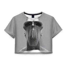 Женская футболка 3D укороченная с принтом Гуманоид в Тюмени, 100% полиэстер | круглая горловина, длина футболки до линии талии, рукава с отворотами | head | humanoid | sculpture | голова | идол | инопланетянин | истукан | космос | скульптура | статуя