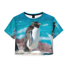 Женская футболка 3D укороченная с принтом Пингвин в Тюмени, 100% полиэстер | круглая горловина, длина футболки до линии талии, рукава с отворотами | айсберг | антарктида | антарктика | арктика | буревестник | глупый | императорский | клюв | королевский | крылья | ласты | лёд | линукс | океан | пилигрим | полюс | птица | север | снег | умка | фрак