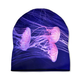 Шапка 3D с принтом Розовые медузы в Тюмени, 100% полиэстер | универсальный размер, печать по всей поверхности изделия | аквариум | вода | дайвинг | милые | море | океан | плывет | подводный мир | рыбалка | рыбка | рыбы | стая | фауна