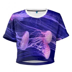Женская футболка 3D укороченная с принтом Розовые медузы в Тюмени, 100% полиэстер | круглая горловина, длина футболки до линии талии, рукава с отворотами | аквариум | вода | дайвинг | милые | море | океан | плывет | подводный мир | рыбалка | рыбка | рыбы | стая | фауна