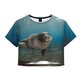 Женская футболка 3D укороченная с принтом Тюлень под водой в Тюмени, 100% полиэстер | круглая горловина, длина футболки до линии талии, рукава с отворотами | вода | дайвинг | жирный | косяк | красивые | милые | море | морская | морской котик | океан | плывет | подводный мир | прикольные | речная | рыба | рыбалка | стая | тюлень | усатый кот | фауна | чешуя