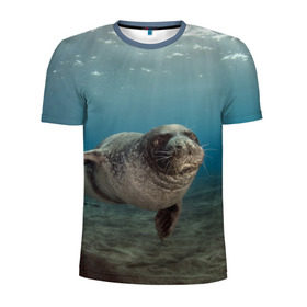 Мужская футболка 3D спортивная с принтом Тюлень под водой в Тюмени, 100% полиэстер с улучшенными характеристиками | приталенный силуэт, круглая горловина, широкие плечи, сужается к линии бедра | Тематика изображения на принте: вода | дайвинг | жирный | косяк | красивые | милые | море | морская | морской котик | океан | плывет | подводный мир | прикольные | речная | рыба | рыбалка | стая | тюлень | усатый кот | фауна | чешуя