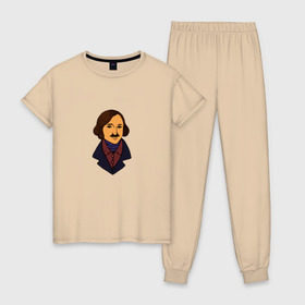 Женская пижама хлопок с принтом Гоголь в Тюмени, 100% хлопок | брюки и футболка прямого кроя, без карманов, на брюках мягкая резинка на поясе и по низу штанин | гоголь | драматург | критик | мертвые души | писатель