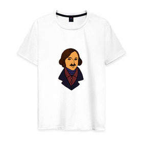 Мужская футболка хлопок с принтом Гоголь в Тюмени, 100% хлопок | прямой крой, круглый вырез горловины, длина до линии бедер, слегка спущенное плечо. | гоголь | драматург | критик | мертвые души | писатель