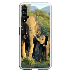 Чехол для Honor 20 с принтом Слониха и слоненок в природе в Тюмени, Силикон | Область печати: задняя сторона чехла, без боковых панелей | африка | африканский | бивни | большой | гигант джунгли | зоопарк | индийский | индия | лесной великан | мамонт | огромный | саванна | сафари | серый | слон | слоненок | слониха | стадо | уши | хобот