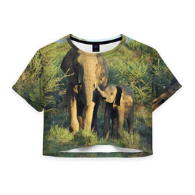 Женская футболка 3D укороченная с принтом Слониха и слоненок в природе в Тюмени, 100% полиэстер | круглая горловина, длина футболки до линии талии, рукава с отворотами | африка | африканский | бивни | большой | гигант джунгли | зоопарк | индийский | индия | лесной великан | мамонт | огромный | саванна | сафари | серый | слон | слоненок | слониха | стадо | уши | хобот