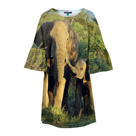 Детское платье 3D с принтом Слониха и слоненок в природе в Тюмени, 100% полиэстер | прямой силуэт, чуть расширенный к низу. Круглая горловина, на рукавах — воланы | Тематика изображения на принте: африка | африканский | бивни | большой | гигант джунгли | зоопарк | индийский | индия | лесной великан | мамонт | огромный | саванна | сафари | серый | слон | слоненок | слониха | стадо | уши | хобот