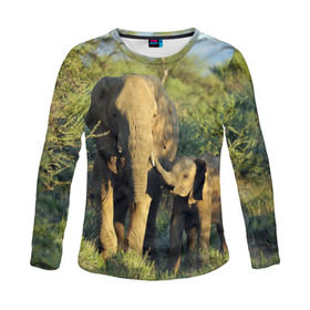 Женский лонгслив 3D с принтом Слониха и слоненок в природе в Тюмени, 100% полиэстер | длинные рукава, круглый вырез горловины, полуприлегающий силуэт | африка | африканский | бивни | большой | гигант джунгли | зоопарк | индийский | индия | лесной великан | мамонт | огромный | саванна | сафари | серый | слон | слоненок | слониха | стадо | уши | хобот