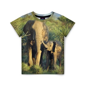 Детская футболка 3D с принтом Слониха и слоненок в природе в Тюмени, 100% гипоаллергенный полиэфир | прямой крой, круглый вырез горловины, длина до линии бедер, чуть спущенное плечо, ткань немного тянется | Тематика изображения на принте: африка | африканский | бивни | большой | гигант джунгли | зоопарк | индийский | индия | лесной великан | мамонт | огромный | саванна | сафари | серый | слон | слоненок | слониха | стадо | уши | хобот