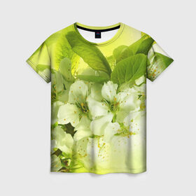 Женская футболка 3D с принтом Цветы яблони в Тюмени, 100% полиэфир ( синтетическое хлопкоподобное полотно) | прямой крой, круглый вырез горловины, длина до линии бедер | белый | весна | дерево | зеленый | природа | растения | цветы | яблоня