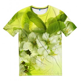 Мужская футболка 3D с принтом Цветы яблони в Тюмени, 100% полиэфир | прямой крой, круглый вырез горловины, длина до линии бедер | белый | весна | дерево | зеленый | природа | растения | цветы | яблоня