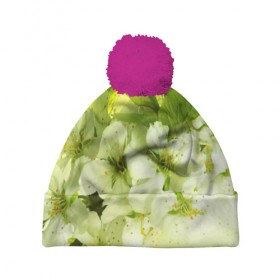 Шапка 3D c помпоном с принтом Цветы яблони в Тюмени, 100% полиэстер | универсальный размер, печать по всей поверхности изделия | белый | весна | дерево | зеленый | природа | растения | цветы | яблоня