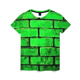 Женская футболка 3D с принтом Зелёные кирпичики в Тюмени, 100% полиэфир ( синтетическое хлопкоподобное полотно) | прямой крой, круглый вырез горловины, длина до линии бедер | 3d | зелёные кирпичики | камень | краска | текстуры