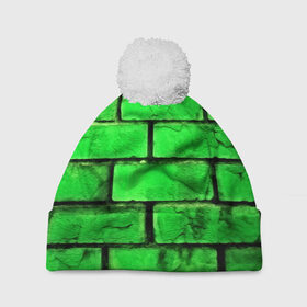 Шапка 3D c помпоном с принтом Зелёные кирпичики в Тюмени, 100% полиэстер | универсальный размер, печать по всей поверхности изделия | 3d | зелёные кирпичики | камень | краска | текстуры