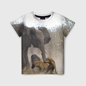 Детская футболка 3D с принтом Гиены охотятся на слона в Тюмени, 100% гипоаллергенный полиэфир | прямой крой, круглый вырез горловины, длина до линии бедер, чуть спущенное плечо, ткань немного тянется | Тематика изображения на принте: африка | африканский | бивни | большой | гигант джунгли | гиены | индийский | индия | лесной великан | мамонт | огромный | охота | саванна | сафари | серый | слон | слониха | стадо | уши | хобот